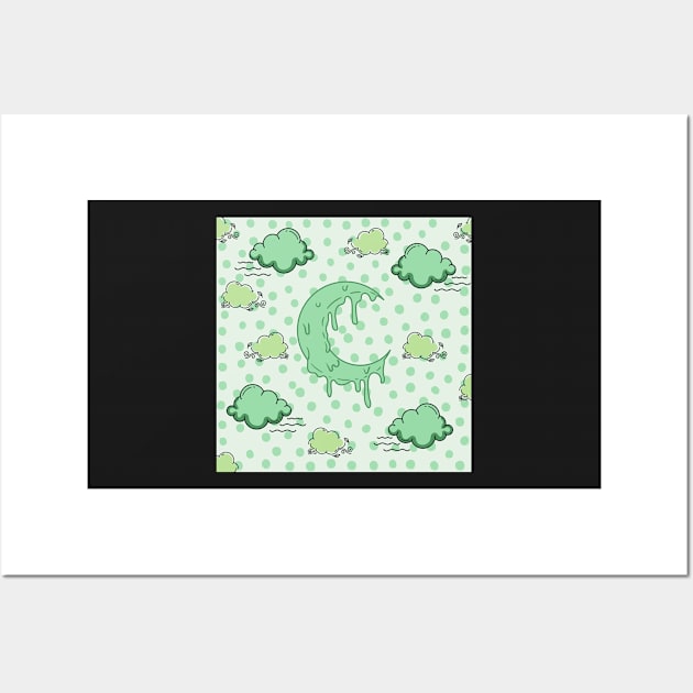 melting crescent moon cloud night green polka dots Wall Art by maplunk